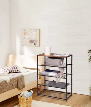 Schoenenrek met Zitting – 4-Laags Metalen en Houten Schoenenbank