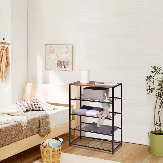 Schoenenrek met Zitting – 4-Laags Metalen en Houten Schoenenbank