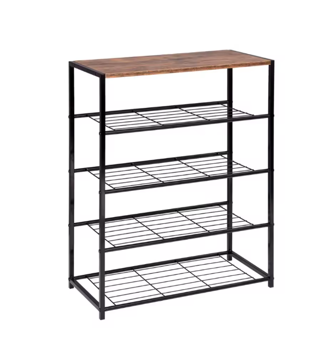 Schoenenrek met Zitting – 4-Laags Metalen en Houten Schoenenbank