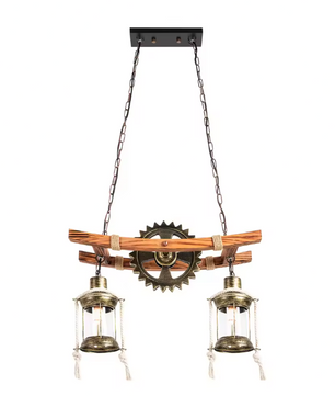 Vintage 2-Lichts Hanglamp – Houten Kroonluchter in Rustieke Stijl