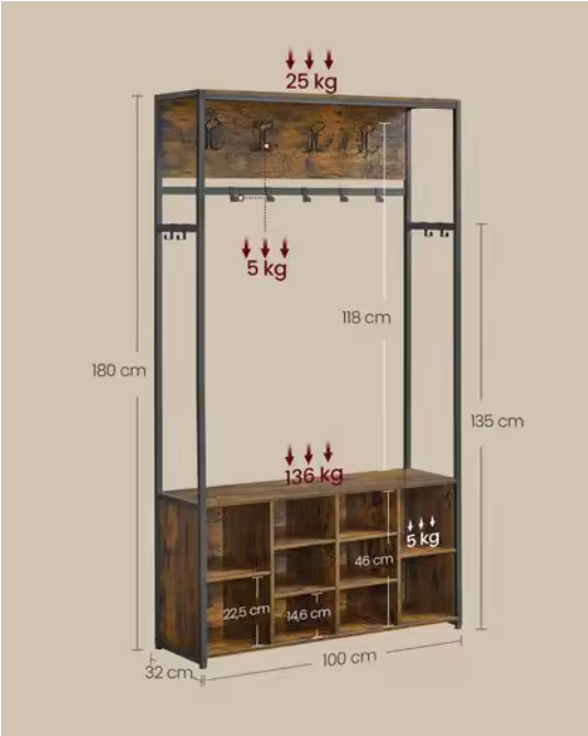 Industriële Kapstok met Schoenenbank – 4-in-1 Rek en Verstelbare Planken