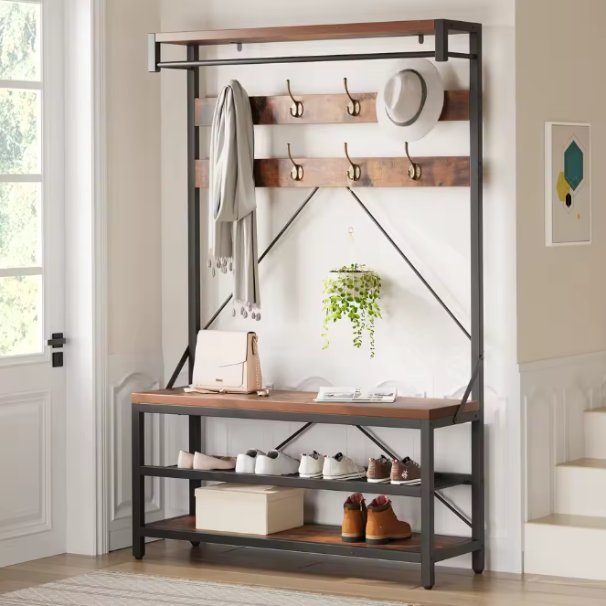 Industriële Kapstok met Schoenenbank – Halboom en Opbergrek