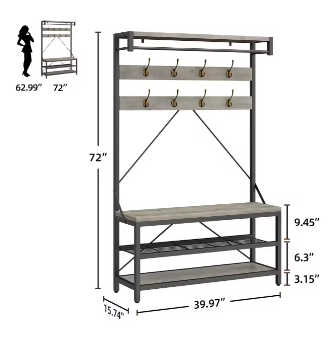Industriële Kapstok met Schoenenbank – Halboom en Opbergrek