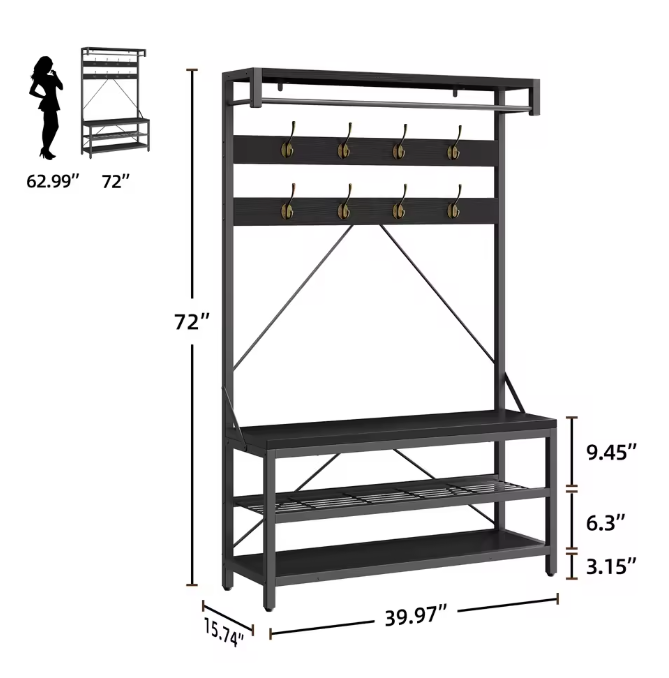 Industriële Kapstok met Schoenenbank – Halboom en Opbergrek