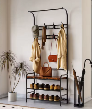 3-in-1 Kapstok met Schoenenrek – Halboom met Bank en 3 Planken