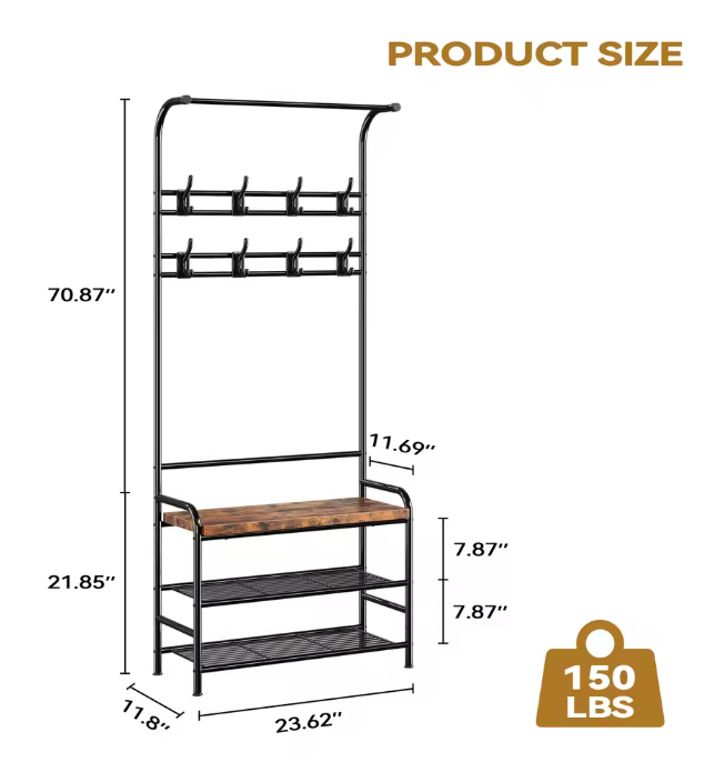 3-in-1 Kapstok met Schoenenrek – Halboom met Bank en 3 Planken