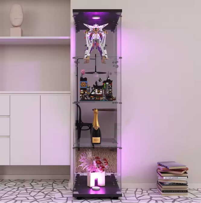 Glazen Vitrinekast met LED en Slot – 1 Deur en 4 Displayniveaus
