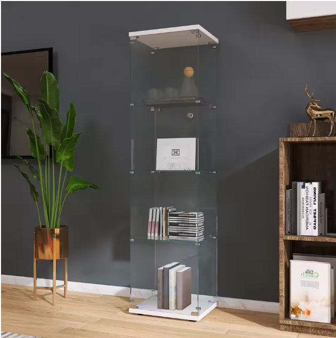 Glazen Vitrinekast met 4 Planken – Hoog Displaymeubel met Deur