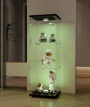 Glazen Vitrinekast met LED-Verlichting – 3 Planken en Slot, Zwart