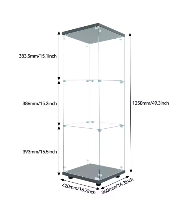 Glazen Vitrinekast met LED-Verlichting – 3 Planken en Slot, Zwart