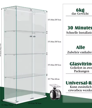 Vierlaags Glazen Vitrinekast met LED – Dubbele Deur, Wit