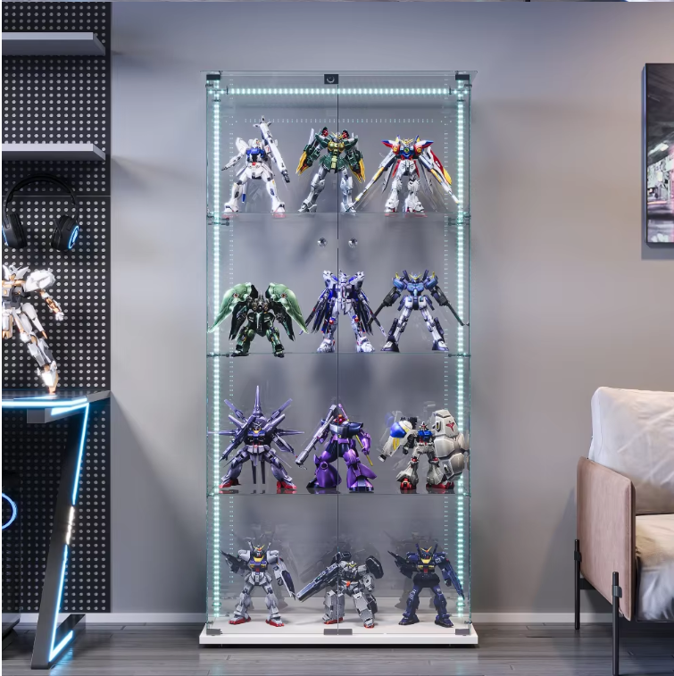 Vierlaags Glazen Vitrinekast met LED – Dubbele Deur, Wit