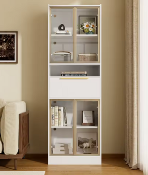 Hoge Vitrinekast met LED – 4 Deuren, Glasfront en Opbergruimte