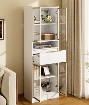 Hoge Vitrinekast met LED – 4 Deuren, Glasfront en Opbergruimte