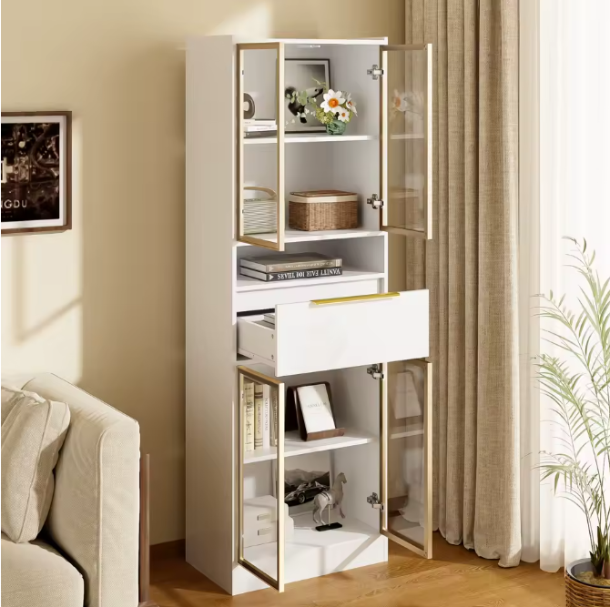 Hoge Vitrinekast met LED – 4 Deuren, Glasfront en Opbergruimte