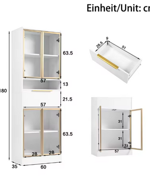 Hoge Vitrinekast met LED – 4 Deuren, Glasfront en Opbergruimte
