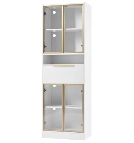 Hoge Vitrinekast met LED – 4 Deuren, Glasfront en Opbergruimte