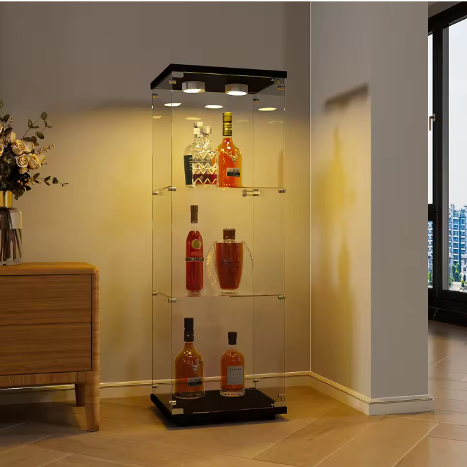 Moderne Glazen Vitrinekast met LED – 3 Planken en Slot (125×42×36 cm)