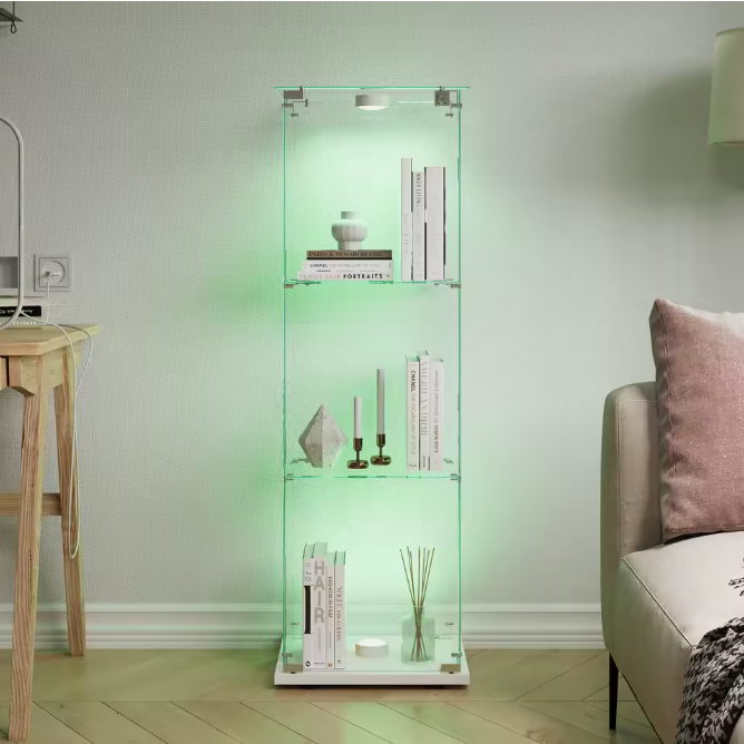 Houten Glazen Vitrinekast met LED – 3 Planken en Slot