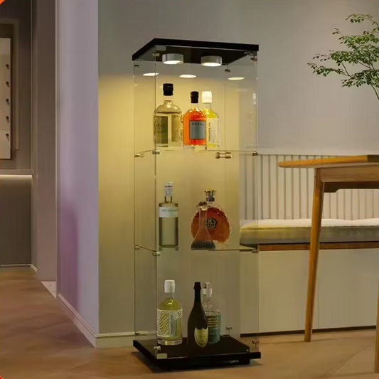 Drielaagse Glazen Vitrinekast met LED – Zwart en Modern