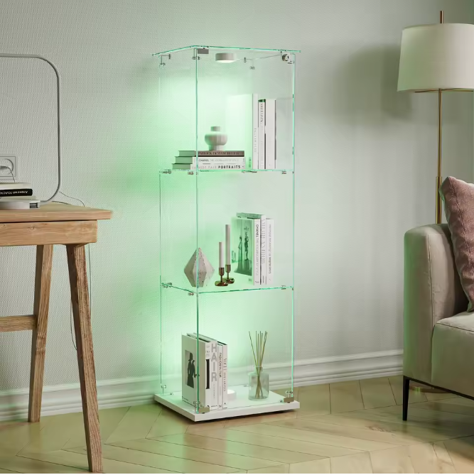 Moderne Witte Glazen Vitrinekast met LED – 3-Laags en Slot