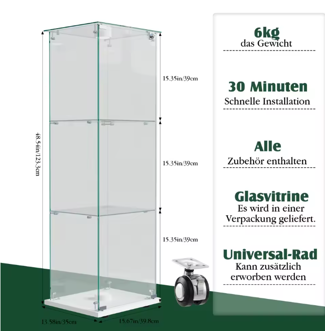 Moderne Witte Glazen Vitrinekast met LED – 3-Laags en Slot