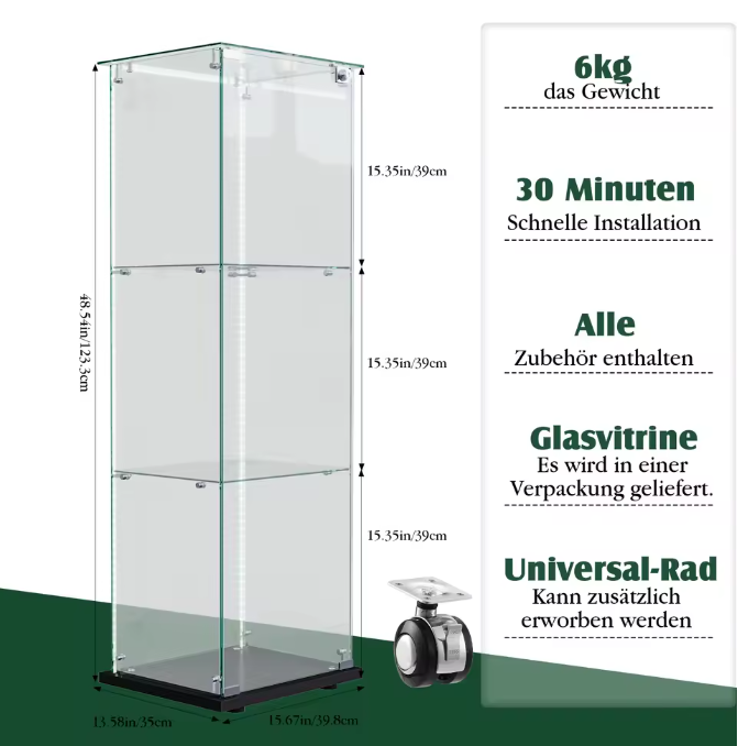 Compacte Glazen Vitrinekast met LED – Zwarte Displaykast 3-Laags