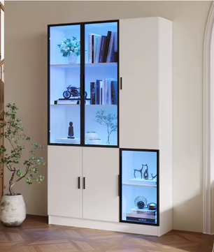 120×35×200 cm Hoge Vitrinekast met Glazen Deuren en LED-Verlichting – Moderne Opberg- en Displaykast
