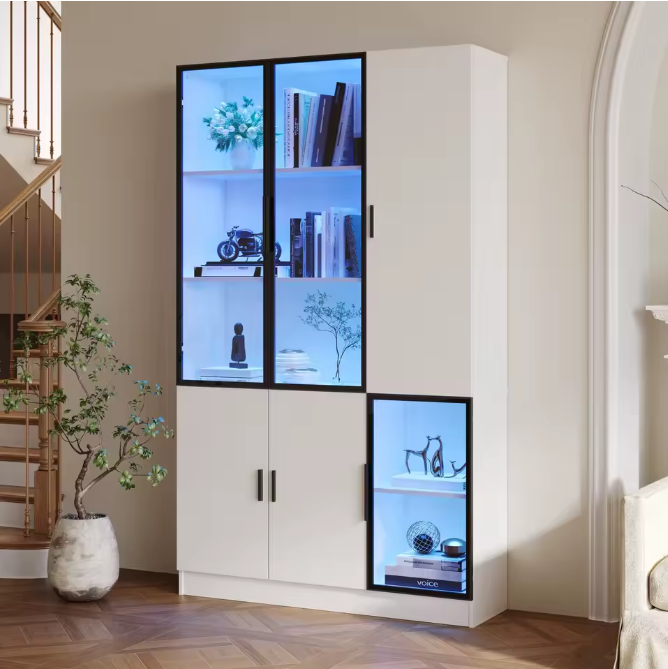 120×35×200 cm Hoge Vitrinekast met Glazen Deuren en LED-Verlichting – Moderne Opberg- en Displaykast