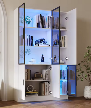 120×35×200 cm Hoge Vitrinekast met Glazen Deuren en LED-Verlichting – Moderne Opberg- en Displaykast