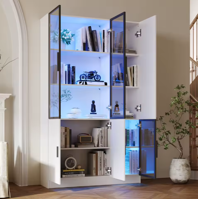 120×35×200 cm Hoge Vitrinekast met Glazen Deuren en LED-Verlichting – Moderne Opberg- en Displaykast