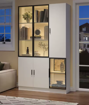 120×35×200 cm Hoge Vitrinekast met Glazen Deuren en LED-Verlichting – Moderne Opberg- en Displaykast