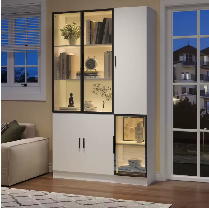 120×35×200 cm Hoge Vitrinekast met Glazen Deuren en LED-Verlichting – Moderne Opberg- en Displaykast