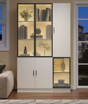 120×35×200 cm Hoge Vitrinekast met Glazen Deuren en LED-Verlichting – Moderne Opberg- en Displaykast