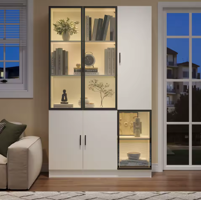 120×35×200 cm Hoge Vitrinekast met Glazen Deuren en LED-Verlichting – Moderne Opberg- en Displaykast