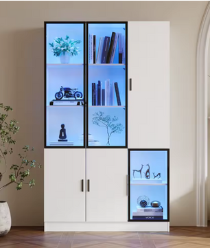 120×35×200 cm Hoge Vitrinekast met Glazen Deuren en LED-Verlichting – Moderne Opberg- en Displaykast