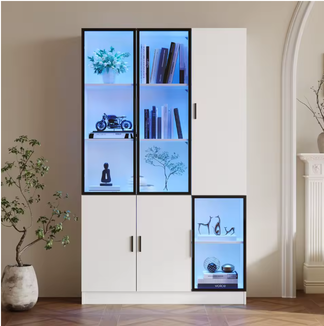 120×35×200 cm Hoge Vitrinekast met Glazen Deuren en LED-Verlichting – Moderne Opberg- en Displaykast
