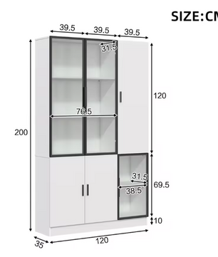 120×35×200 cm Hoge Vitrinekast met Glazen Deuren en LED-Verlichting – Moderne Opberg- en Displaykast