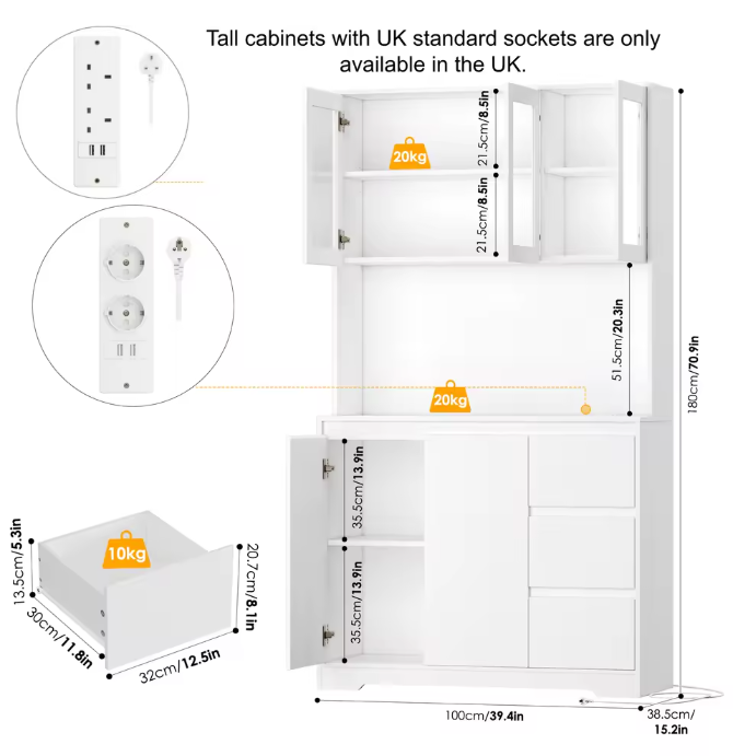 Keukenbuffetkast met LED en Stopcontacten – 100×38,5×180 cm Opbergkast met Lades en Verstelbare Planken