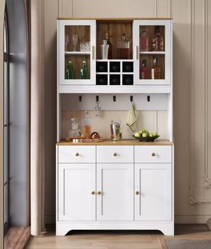 Hoge Keukenkast met Lades en Glazen Deuren – 94,5×30×175,5 cm Dressoir in Witte Houtnerf