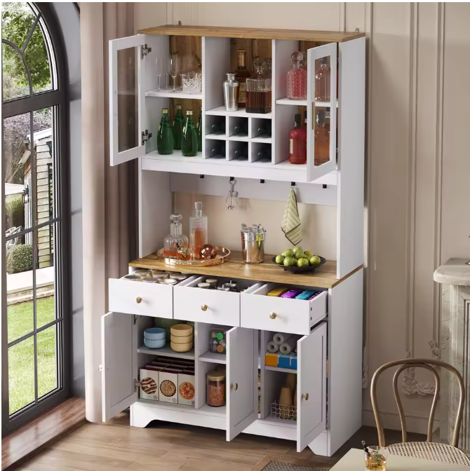 Hoge Keukenkast met Lades en Glazen Deuren – 94,5×30×175,5 cm Dressoir in Witte Houtnerf