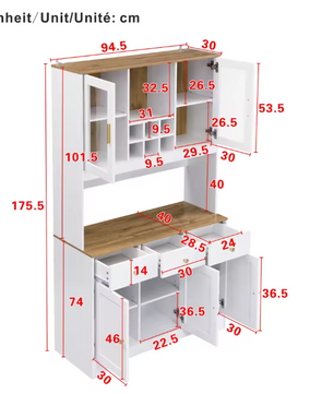 Hoge Keukenkast met Lades en Glazen Deuren – 94,5×30×175,5 cm Dressoir in Witte Houtnerf