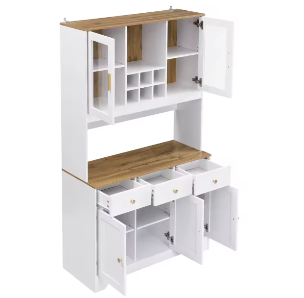 Hoge Keukenkast met Lades en Glazen Deuren – 94,5×30×175,5 cm Dressoir in Witte Houtnerf