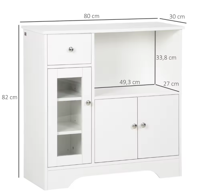 Modern Keukendressoir met Glazen Deur, Lade en Planken – 80×30×82 cm Opbergkast