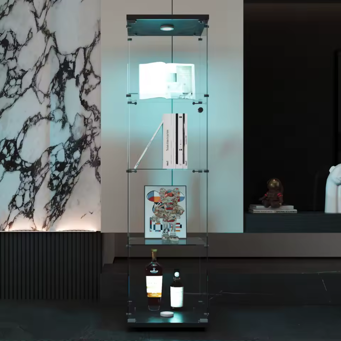 Glazen Vitrinekast met LED-Verlichting – 4-Laags Gehard Glas Displaykast voor Boeken, Modellen en Collecties
