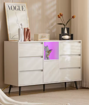Dressoir met LED-Verlichting – 120×40×80 cm, 6 Lades en Push-Open Deuren
