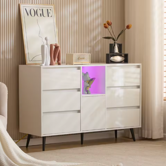 Dressoir met LED-Verlichting – 120×40×80 cm, 6 Lades en Push-Open Deuren