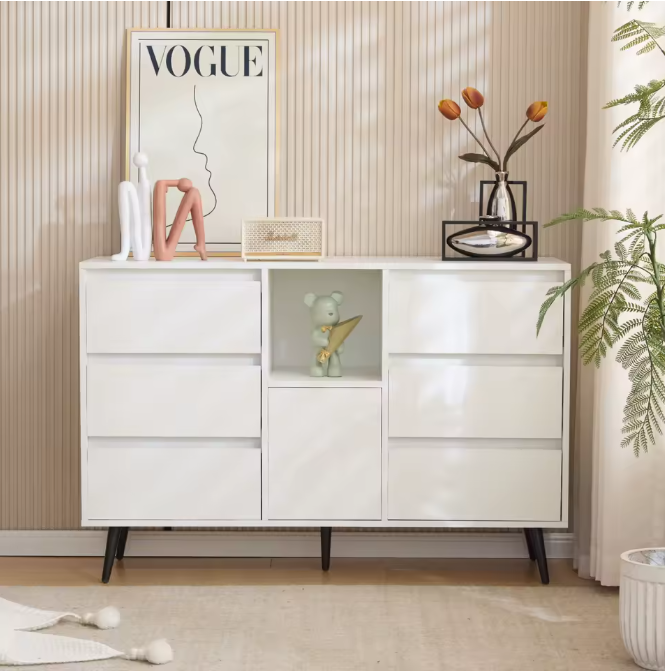 Dressoir met LED-Verlichting – 120×40×80 cm, 6 Lades en Push-Open Deuren