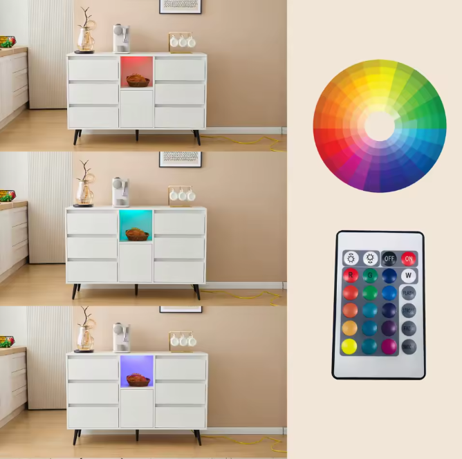 Dressoir met LED-Verlichting – 120×40×80 cm, 6 Lades en Push-Open Deuren