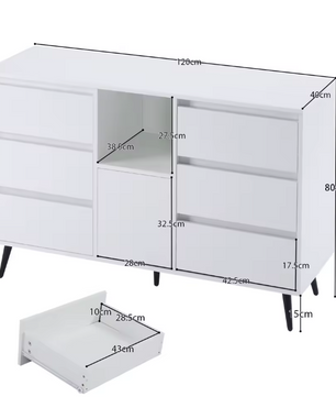 Dressoir met LED-Verlichting – 120×40×80 cm, 6 Lades en Push-Open Deuren